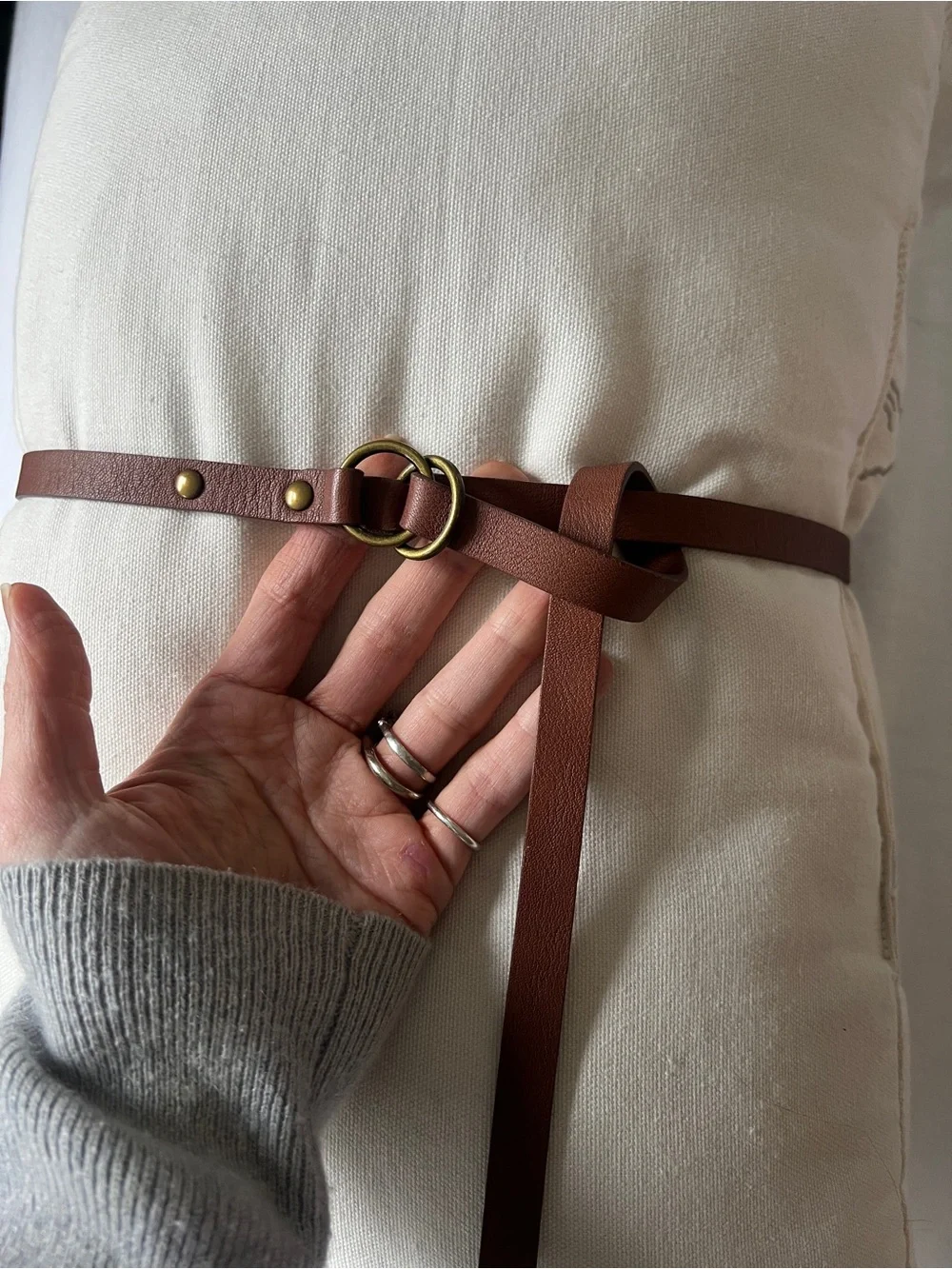 Tibi Chestnut Brown Leather Double-Ring Skinny Belt with Brass Hardware One Size - Picture 3 of 10